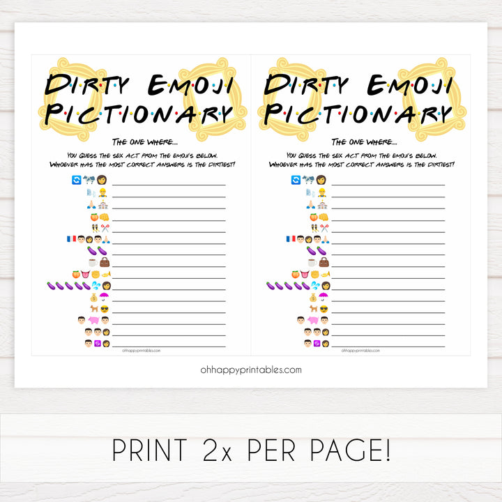 dirty emoji pictionary game, Printable bachelorette games, friends bachelorette, friends hen party games, fun hen party games, bachelorette game ideas, friends adult party games, naughty hen games, naughty bachelorette games