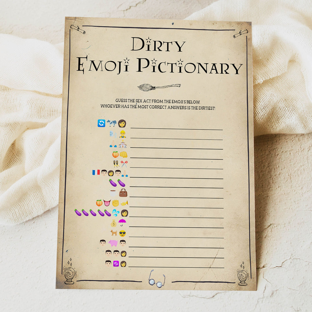 dirty emoji pictionary game, Printable bachelorette games, Harry Potter bachelorette, Harry Potter hen party games, fun hen party games, bachelorette game ideas, Harry Potter adult party games, naughty hen games, naughty bachelorette games