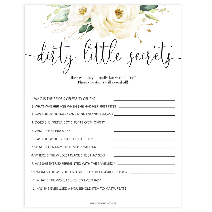 dirty little secrets game, Printable bachelorette games, floral bachelorette, floral hen party games, fun hen party games, bachelorette game ideas, floral adult party games, naughty hen games, naughty bachelorette games