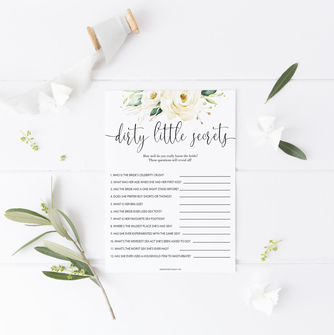 dirty little secrets game, Printable bachelorette games, floral bachelorette, floral hen party games, fun hen party games, bachelorette game ideas, floral adult party games, naughty hen games, naughty bachelorette games