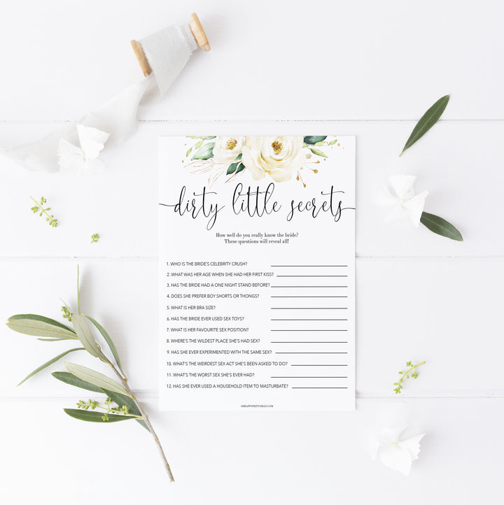 dirty little secrets game, Printable bachelorette games, floral bachelorette, floral hen party games, fun hen party games, bachelorette game ideas, floral adult party games, naughty hen games, naughty bachelorette games