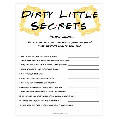 dirty little secrets, bridal dirty secrets game, Printable bachelorette games, friends bachelorette, friends hen party games, fun hen party games, bachelorette game ideas, friends adult party games, naughty hen games, naughty bachelorette games