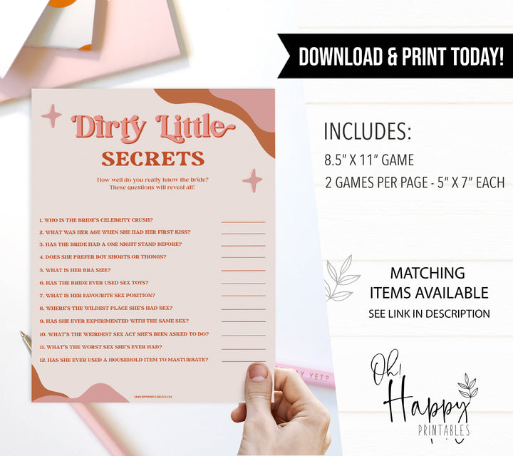 dirty little secrets game, 70s retro bridal shower, retro bridal shower games, modern 70s bridal collection, 70s bridal shower, printable bridal games