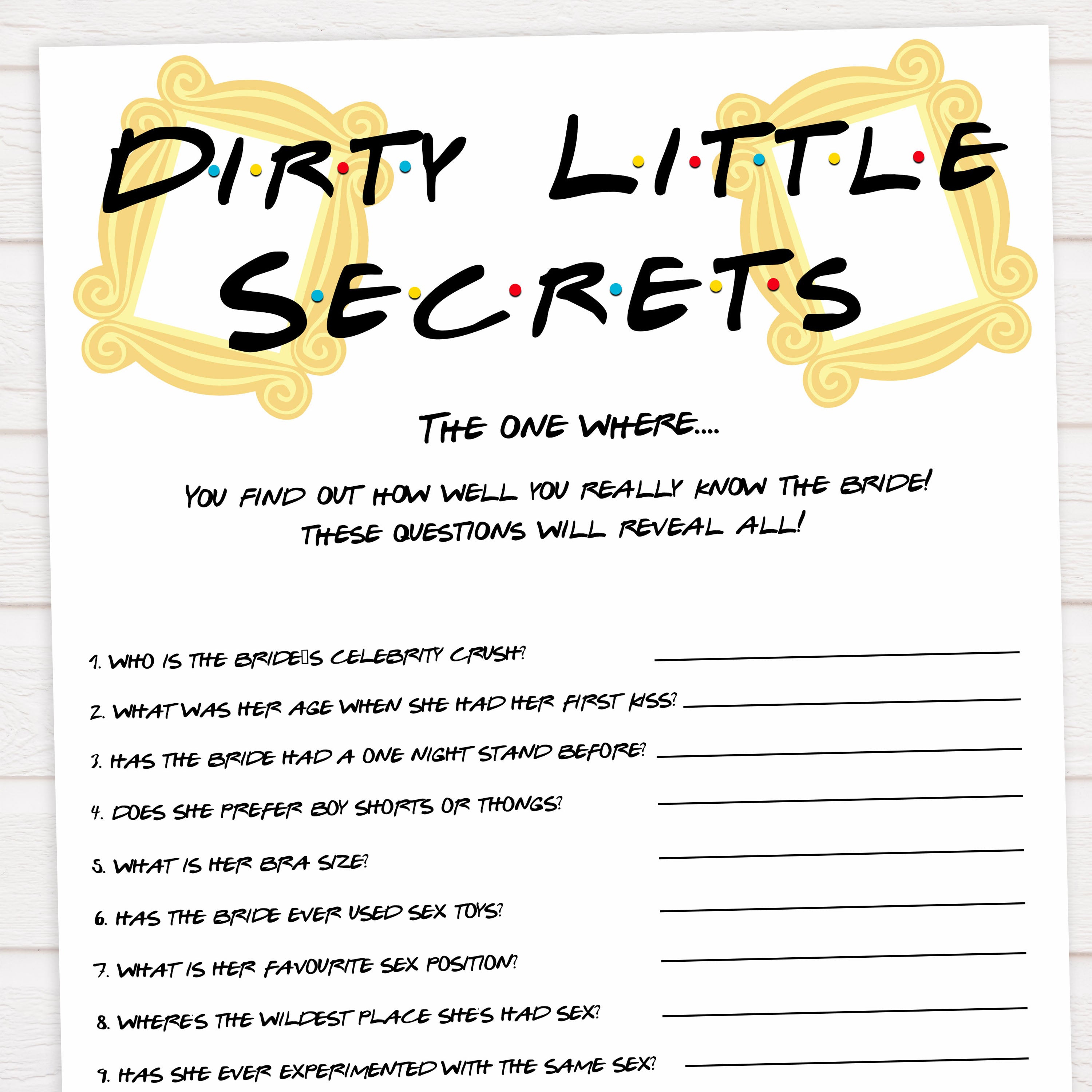 dirty little secrets, bridal dirty secrets game, Printable bachelorette games, friends bachelorette, friends hen party games, fun hen party games, bachelorette game ideas, friends adult party games, naughty hen games, naughty bachelorette games