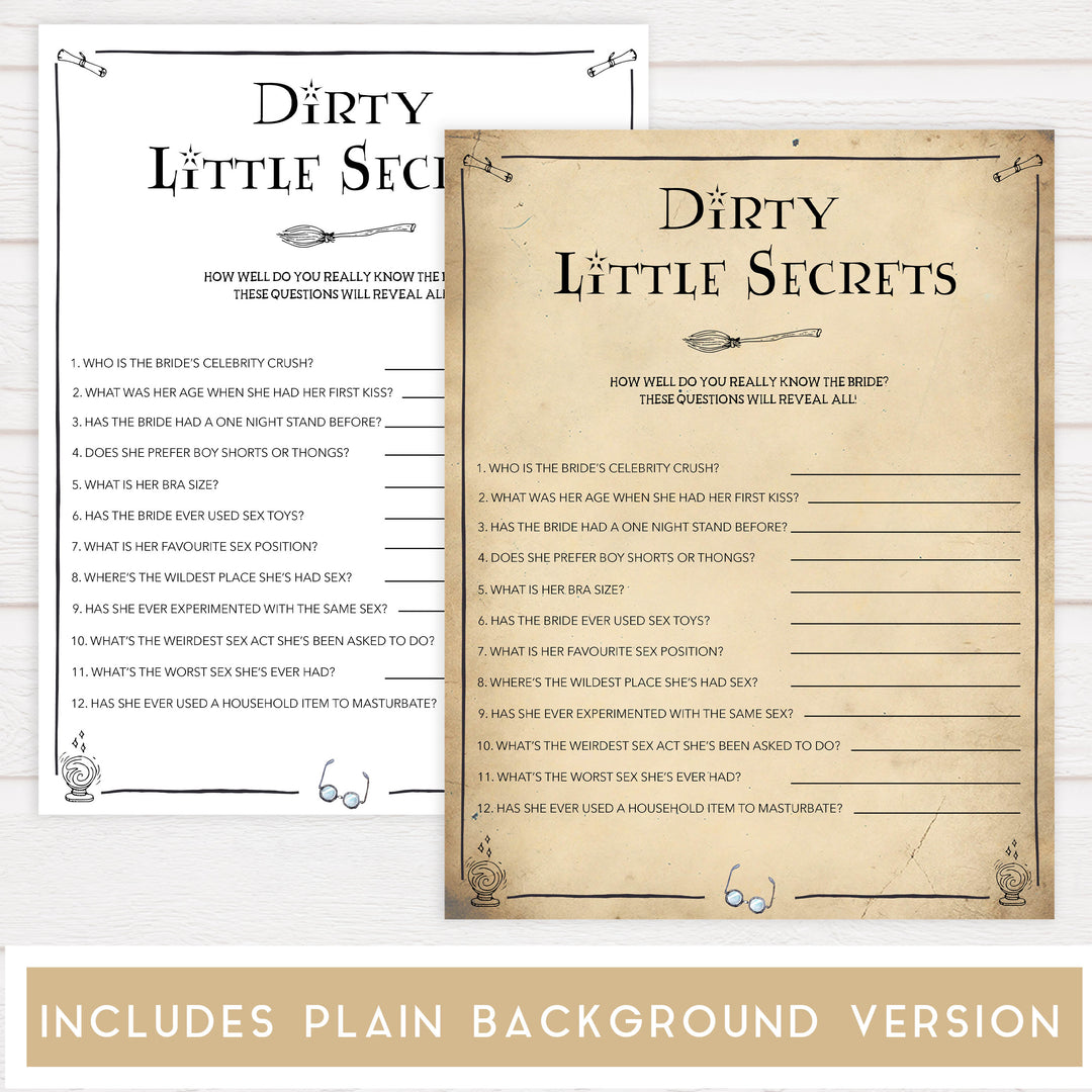dirty little secrets game, brides little secrets, Printable bachelorette games, Harry Potter bachelorette, Harry Potter hen party games, fun hen party games, bachelorette game ideas, Harry Potter adult party games, naughty hen games, naughty bachelorette games