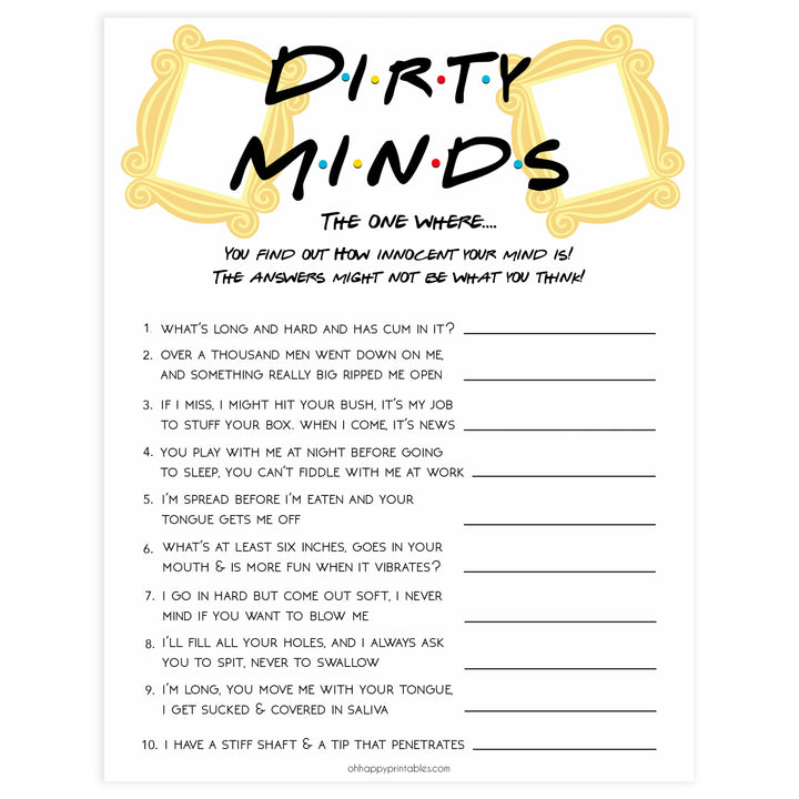 dirty minds bridal game, Printable bachelorette games, friends bachelorette, friends hen party games, fun hen party games, bachelorette game ideas, friends adult party games, naughty hen games, naughty bachelorette games