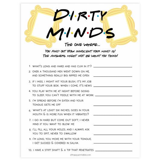 dirty minds bridal game, Printable bachelorette games, friends bachelorette, friends hen party games, fun hen party games, bachelorette game ideas, friends adult party games, naughty hen games, naughty bachelorette games