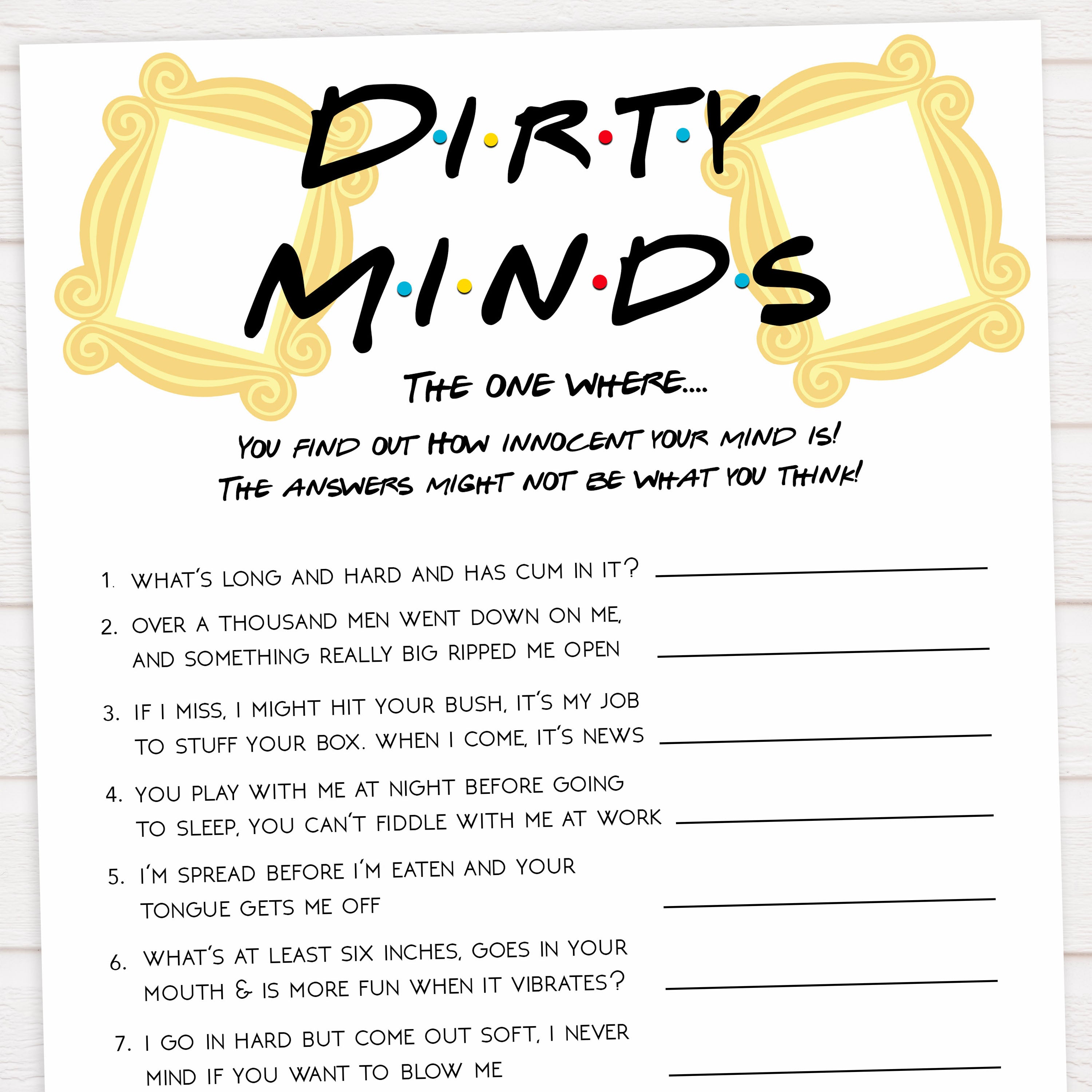 dirty minds bridal game, Printable bachelorette games, friends bachelorette, friends hen party games, fun hen party games, bachelorette game ideas, friends adult party games, naughty hen games, naughty bachelorette games