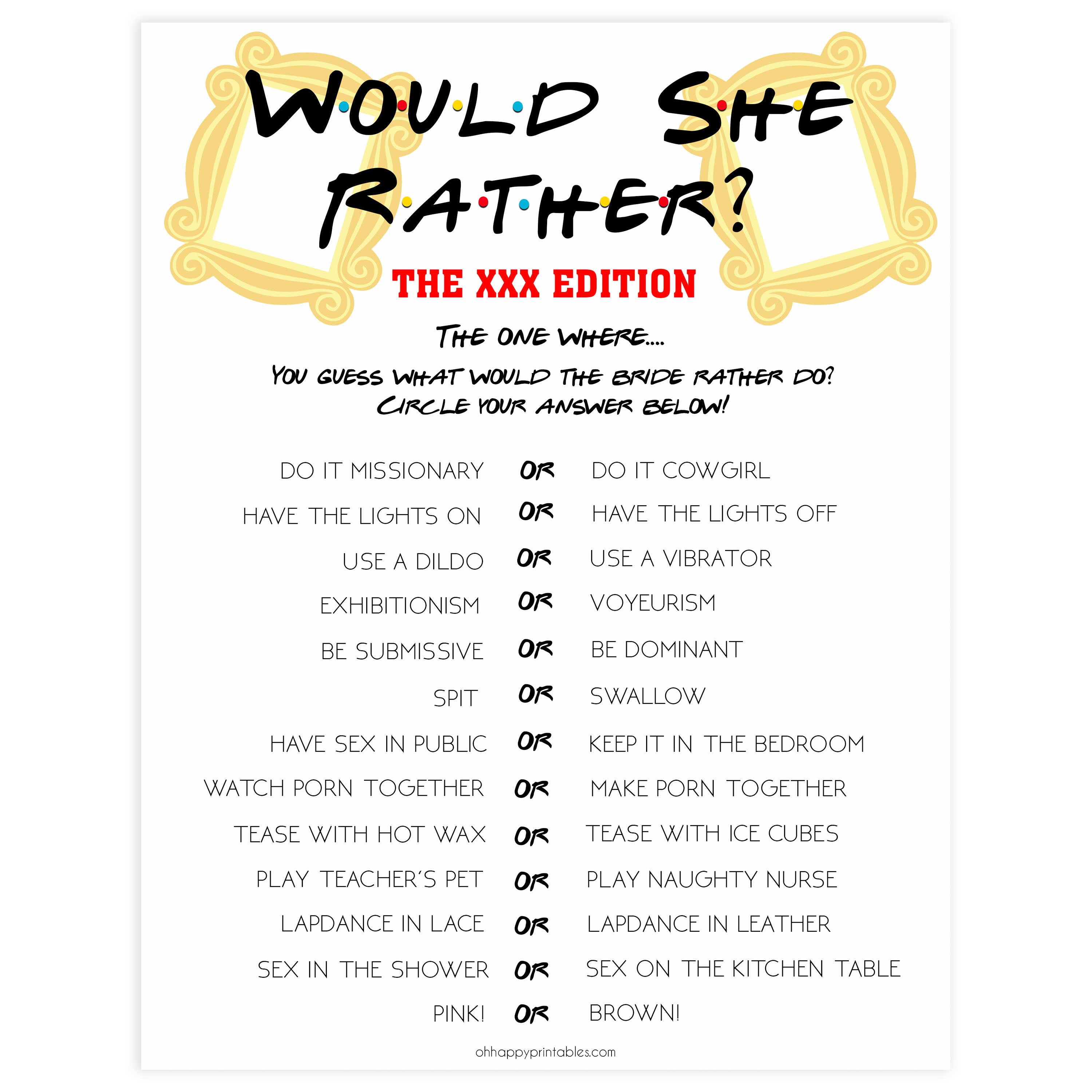 dirty would she rather, adult would she rather game, Printable bachelorette games, friends bachelorette, friends hen party games, fun hen party games, bachelorette game ideas, friends adult party games, naughty hen games, naughty bachelorette games