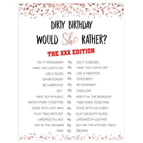 dirty would she rather game, printable birthday games, adult birthday games, adult would she rather, rose gold birthday games