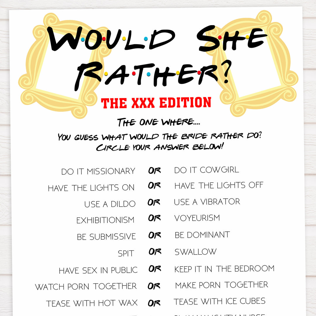 dirty would she rather, adult would she rather game, Printable bachelorette games, friends bachelorette, friends hen party games, fun hen party games, bachelorette game ideas, friends adult party games, naughty hen games, naughty bachelorette games