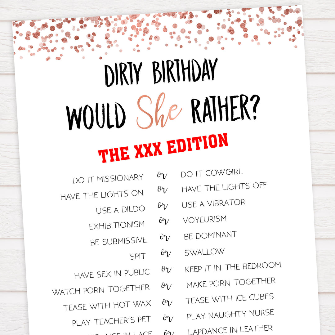 dirty would she rather game, printable birthday games, adult birthday games, adult would she rather, rose gold birthday games