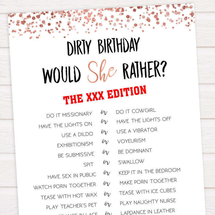 dirty would she rather game, printable birthday games, adult birthday games, adult would she rather, rose gold birthday games