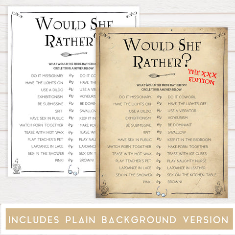 naughty would she rather, dirty would would rather game, Printable bachelorette games, Harry Potter bachelorette, Harry Potter hen party games, fun hen party games, bachelorette game ideas, Harry Potter adult party games, naughty hen games, naughty bachelorette games