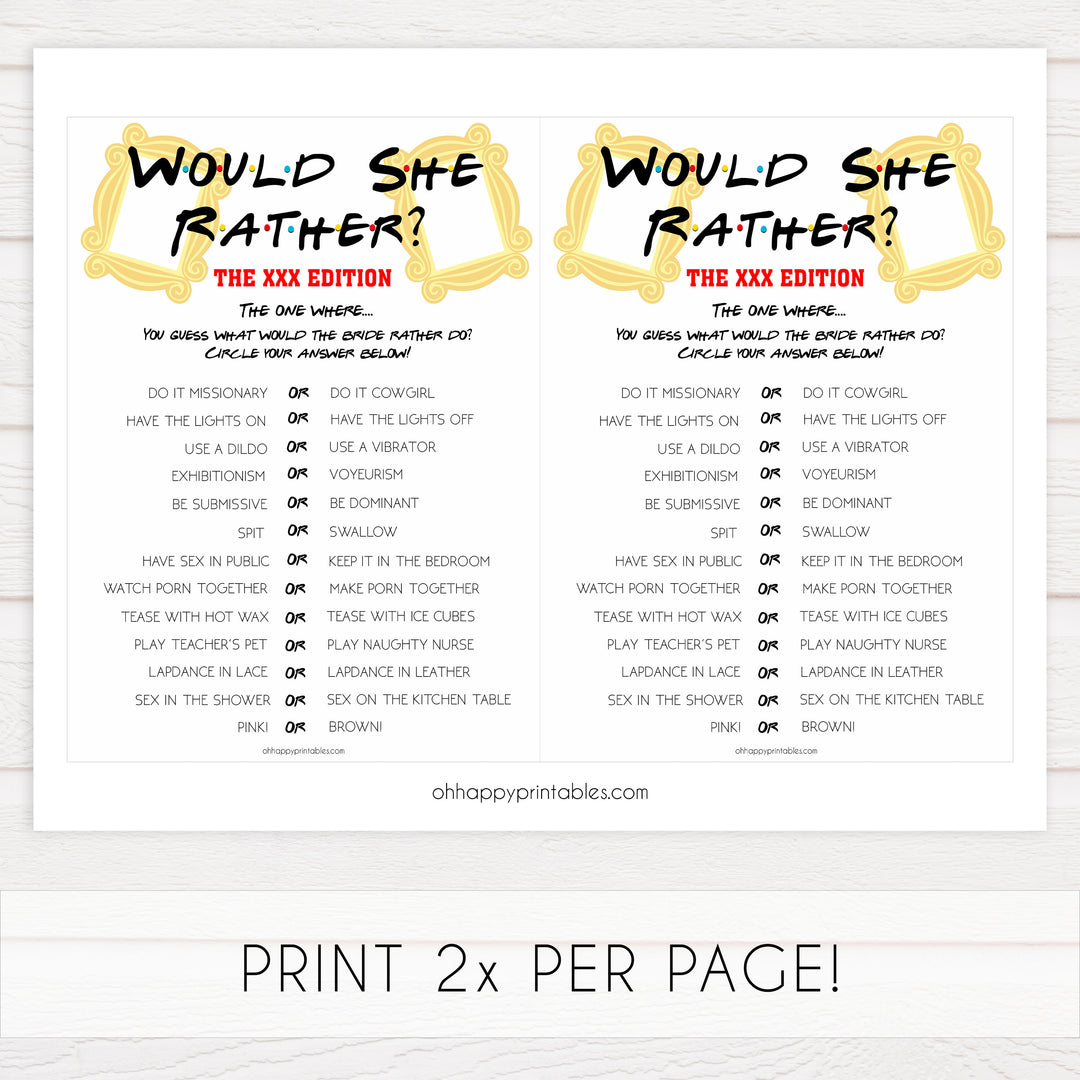 dirty would she rather, adult would she rather game, Printable bachelorette games, friends bachelorette, friends hen party games, fun hen party games, bachelorette game ideas, friends adult party games, naughty hen games, naughty bachelorette games
