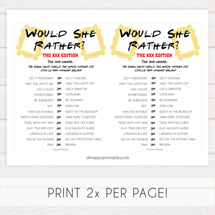 dirty would she rather, adult would she rather game, Printable bachelorette games, friends bachelorette, friends hen party games, fun hen party games, bachelorette game ideas, friends adult party games, naughty hen games, naughty bachelorette games
