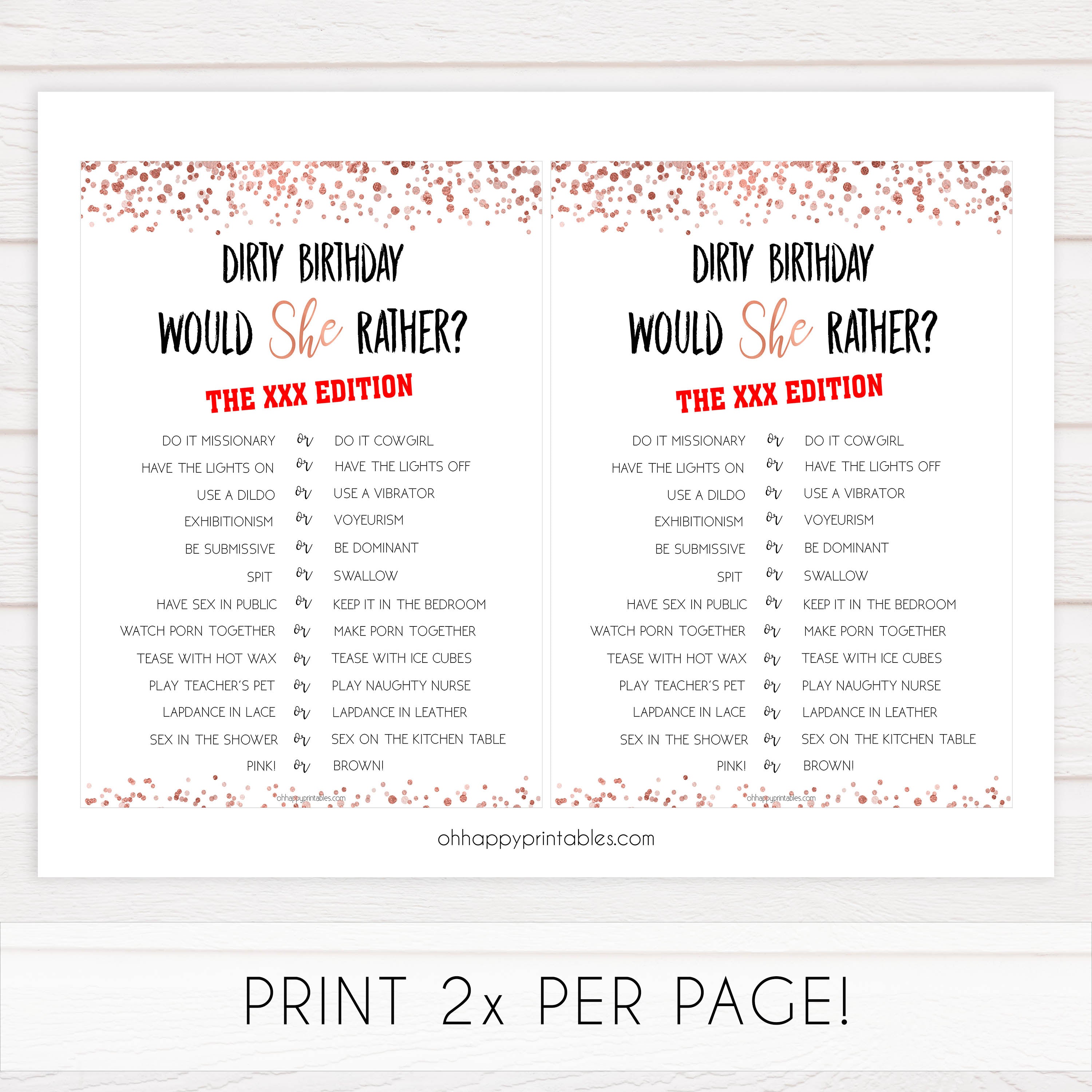 dirty would she rather game, printable birthday games, adult birthday games, adult would she rather, rose gold birthday games