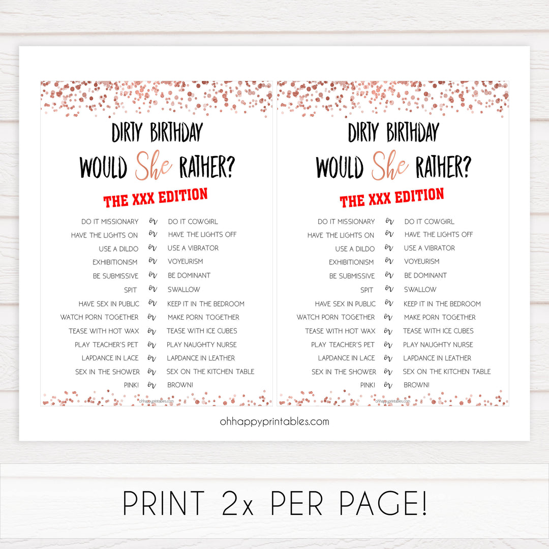dirty would she rather game, printable birthday games, adult birthday games, adult would she rather, rose gold birthday games