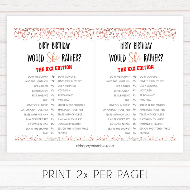dirty would she rather game, printable birthday games, adult birthday games, adult would she rather, rose gold birthday games