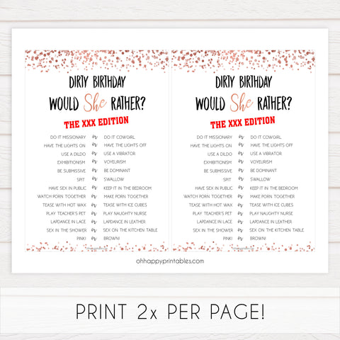 dirty would she rather game, printable birthday games, adult birthday games, adult would she rather, rose gold birthday games