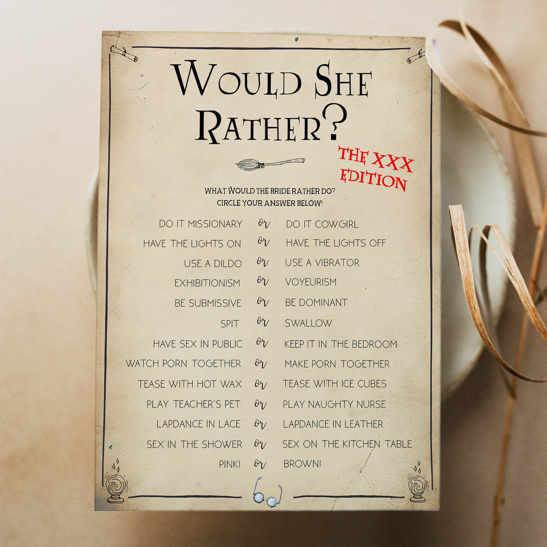 naughty would she rather, dirty would would rather game, Printable bachelorette games, Harry Potter bachelorette, Harry Potter hen party games, fun hen party games, bachelorette game ideas, Harry Potter adult party games, naughty hen games, naughty bachelorette games