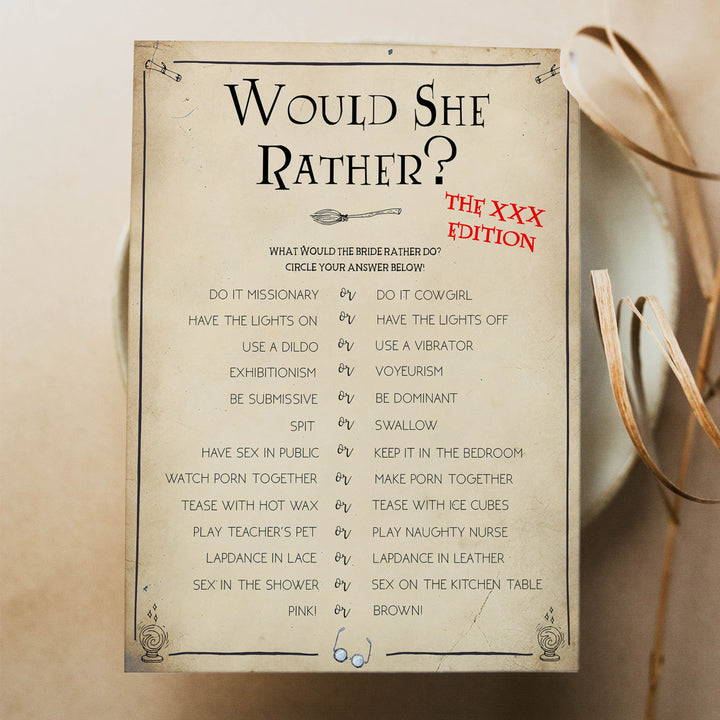 naughty would she rather, dirty would would rather game, Printable bachelorette games, Harry Potter bachelorette, Harry Potter hen party games, fun hen party games, bachelorette game ideas, Harry Potter adult party games, naughty hen games, naughty bachelorette games
