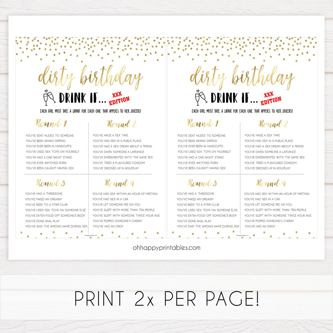 7 birthday games, gold glitter birthday games, printable birthday games, would she rather, naughty drink if, best birthday games
