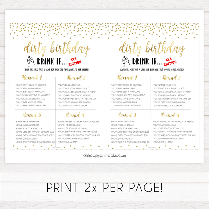 7 birthday games, gold glitter birthday games, printable birthday games, would she rather, naughty drink if, best birthday games