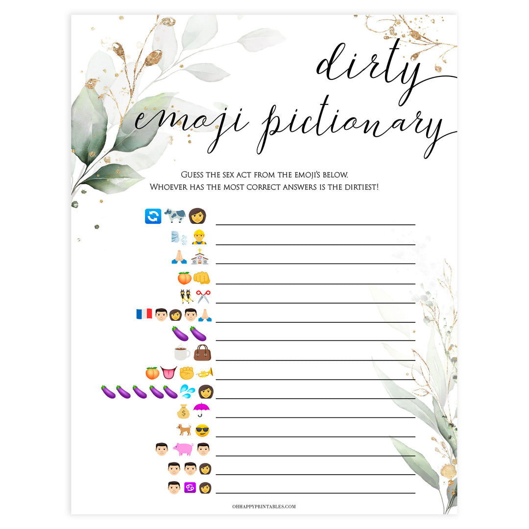 dirty emoji pictionary game, Printable bachelorette games, greenery bachelorette, gold leaf hen party games, fun hen party games, bachelorette game ideas, greenery adult party games, naughty hen games, naughty bachelorette games