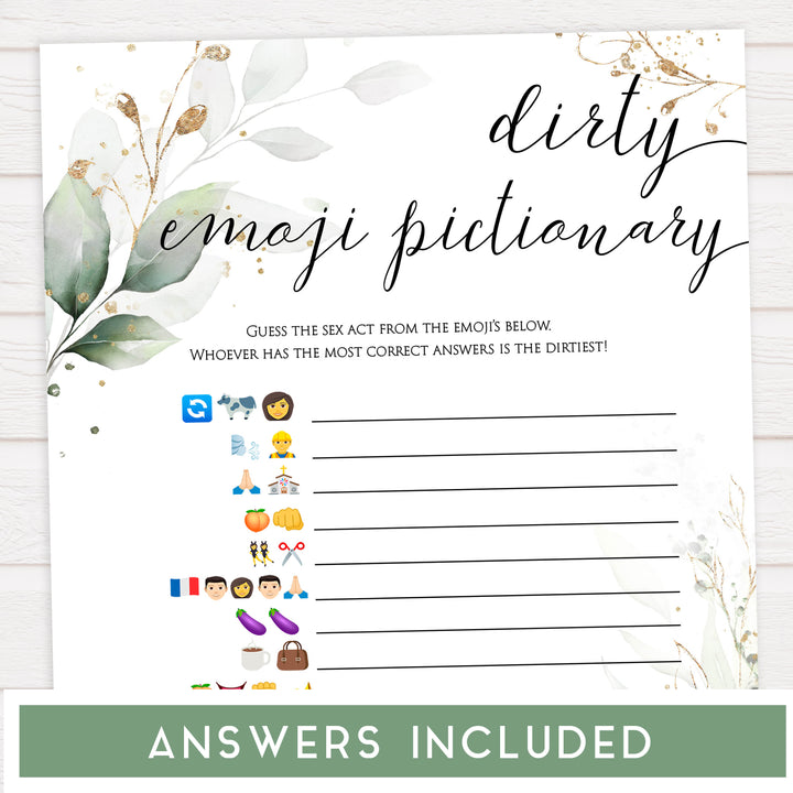 dirty emoji pictionary game, Printable bachelorette games, greenery bachelorette, gold leaf hen party games, fun hen party games, bachelorette game ideas, greenery adult party games, naughty hen games, naughty bachelorette games