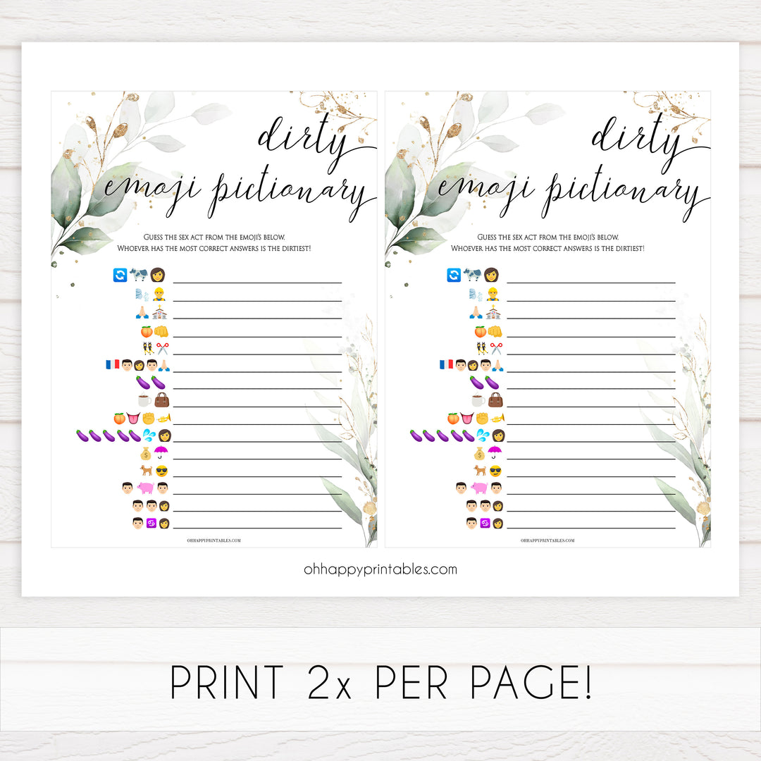 dirty emoji pictionary game, Printable bachelorette games, greenery bachelorette, gold leaf hen party games, fun hen party games, bachelorette game ideas, greenery adult party games, naughty hen games, naughty bachelorette games