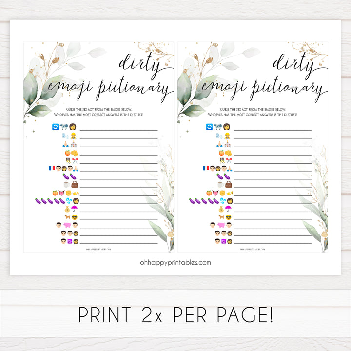 dirty emoji pictionary game, Printable bachelorette games, greenery bachelorette, gold leaf hen party games, fun hen party games, bachelorette game ideas, greenery adult party games, naughty hen games, naughty bachelorette games