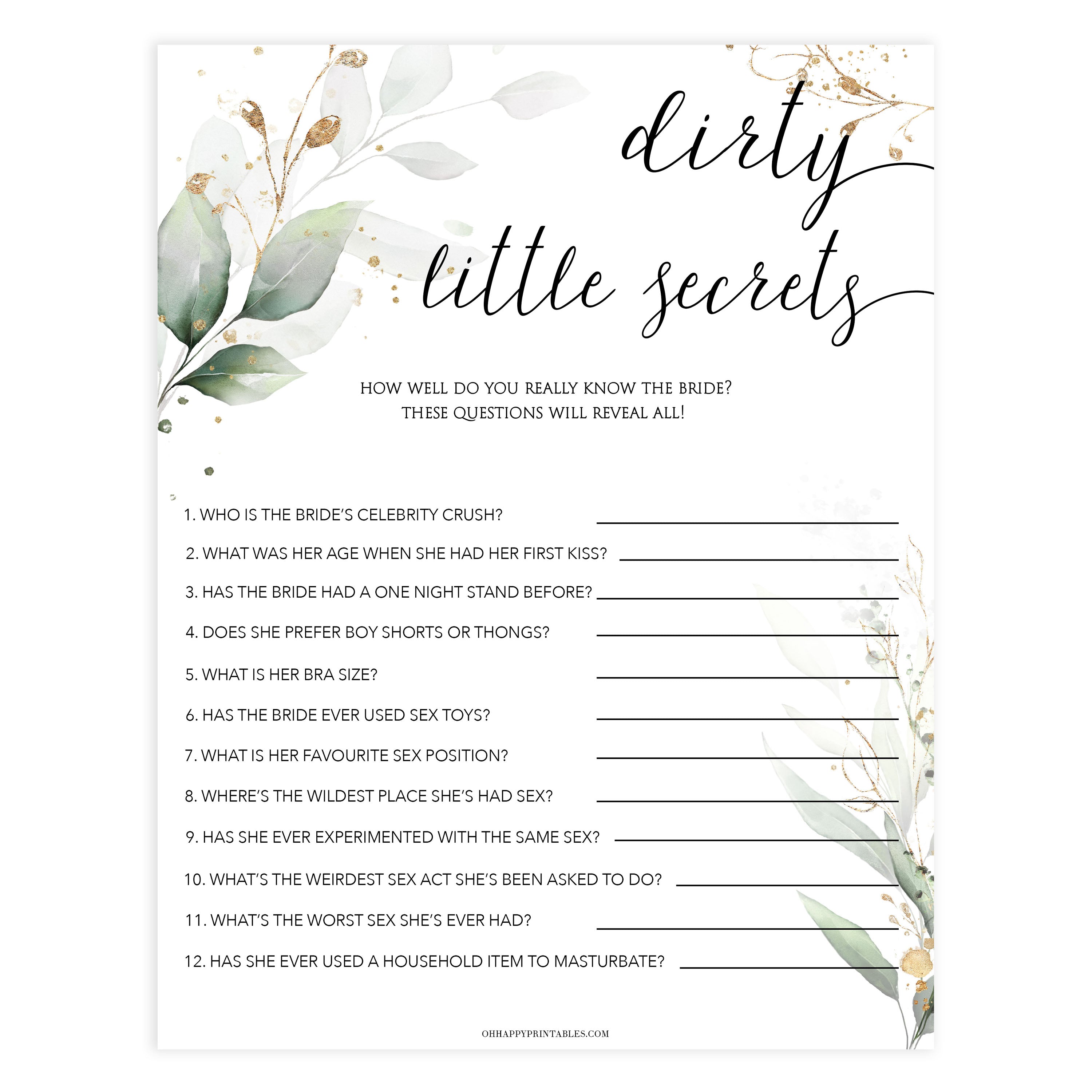dirty little secrets bridal shower game, Printable bachelorette games, greenery bachelorette, gold leaf hen party games, fun hen party games, bachelorette game ideas, greenery adult party games, naughty hen games, naughty bachelorette games