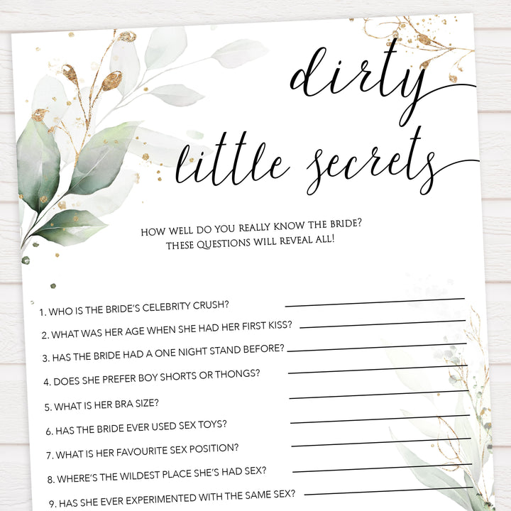 dirty little secrets bridal shower game, Printable bachelorette games, greenery bachelorette, gold leaf hen party games, fun hen party games, bachelorette game ideas, greenery adult party games, naughty hen games, naughty bachelorette games