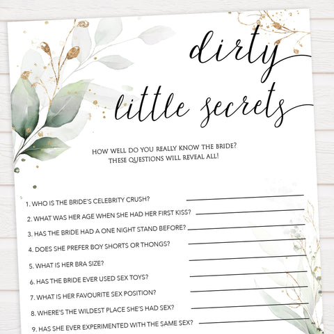 dirty little secrets bridal shower game, Printable bachelorette games, greenery bachelorette, gold leaf hen party games, fun hen party games, bachelorette game ideas, greenery adult party games, naughty hen games, naughty bachelorette games