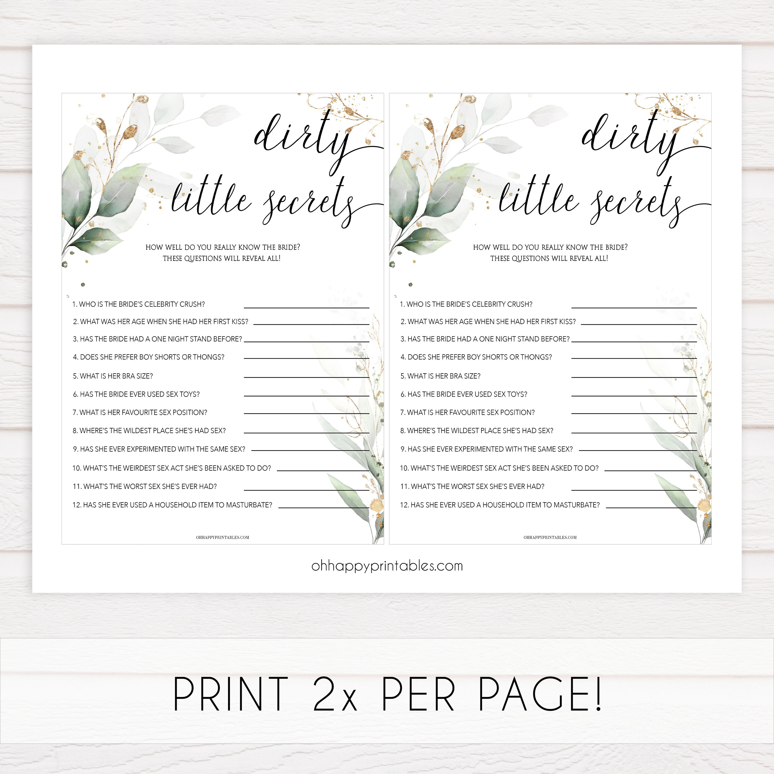 dirty little secrets bridal shower game, Printable bachelorette games, greenery bachelorette, gold leaf hen party games, fun hen party games, bachelorette game ideas, greenery adult party games, naughty hen games, naughty bachelorette games