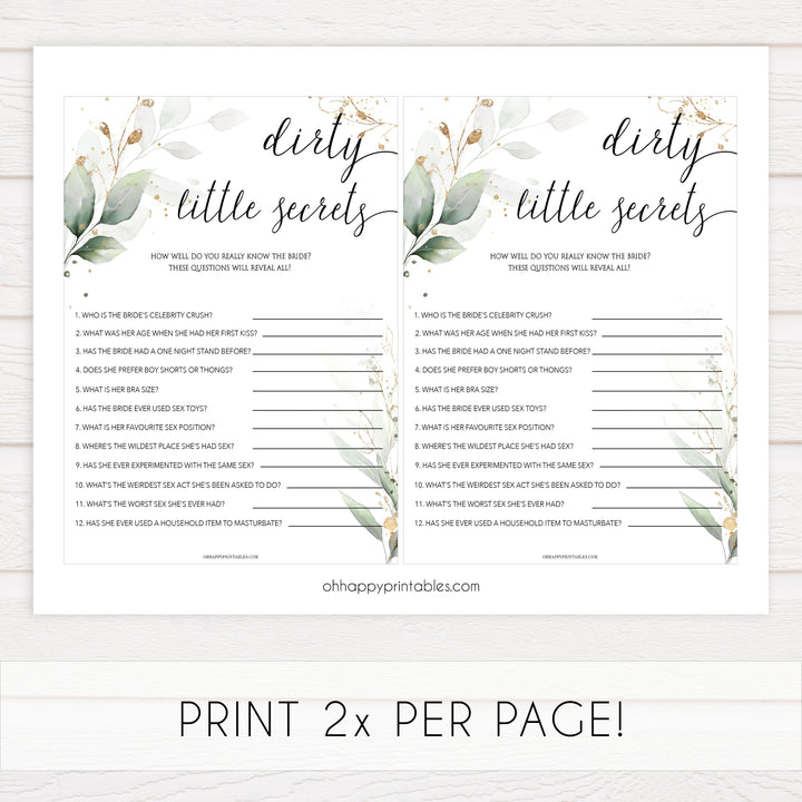 dirty little secrets bridal shower game, Printable bachelorette games, greenery bachelorette, gold leaf hen party games, fun hen party games, bachelorette game ideas, greenery adult party games, naughty hen games, naughty bachelorette games