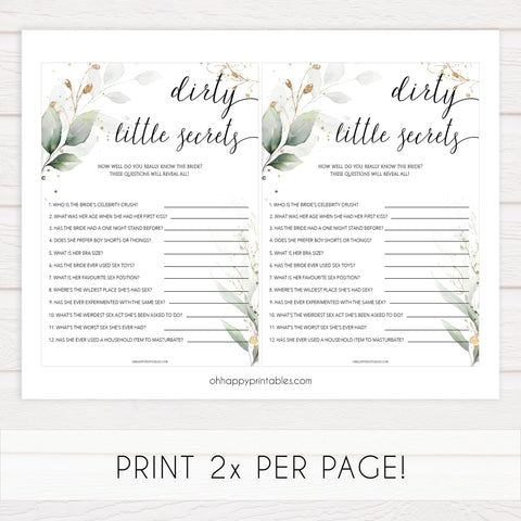 dirty little secrets bridal shower game, Printable bachelorette games, greenery bachelorette, gold leaf hen party games, fun hen party games, bachelorette game ideas, greenery adult party games, naughty hen games, naughty bachelorette games