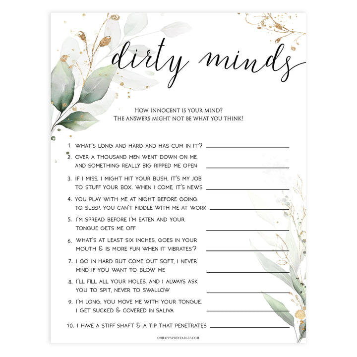 dirty minds bridal game, Printable bachelorette games, greenery bachelorette, gold leaf hen party games, fun hen party games, bachelorette game ideas, greenery adult party games, naughty hen games, naughty bachelorette games