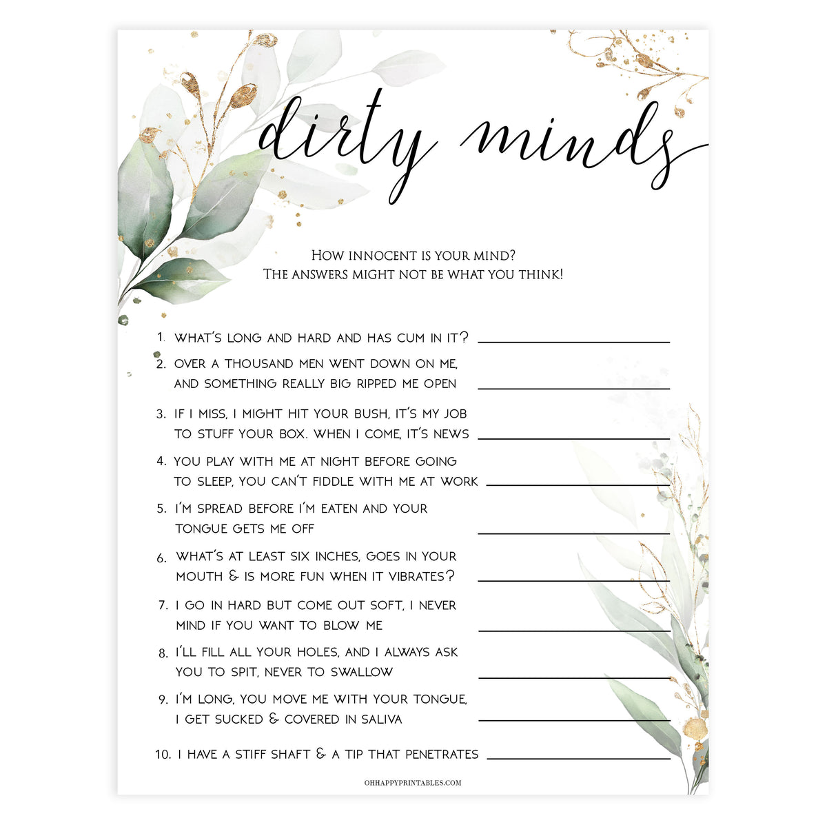 dirty minds bridal game, Printable bachelorette games, greenery bachelorette, gold leaf hen party games, fun hen party games, bachelorette game ideas, greenery adult party games, naughty hen games, naughty bachelorette games