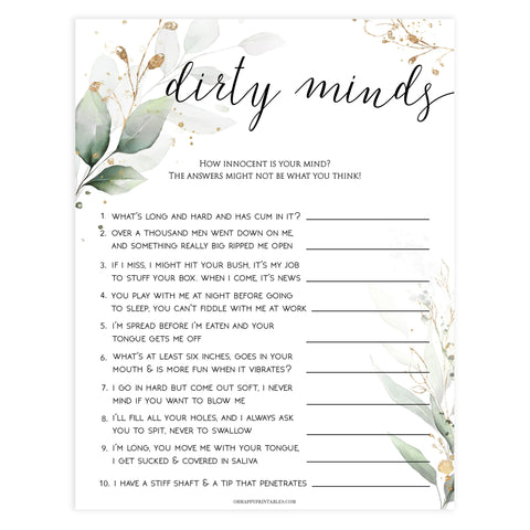dirty minds bridal game, Printable bachelorette games, greenery bachelorette, gold leaf hen party games, fun hen party games, bachelorette game ideas, greenery adult party games, naughty hen games, naughty bachelorette games