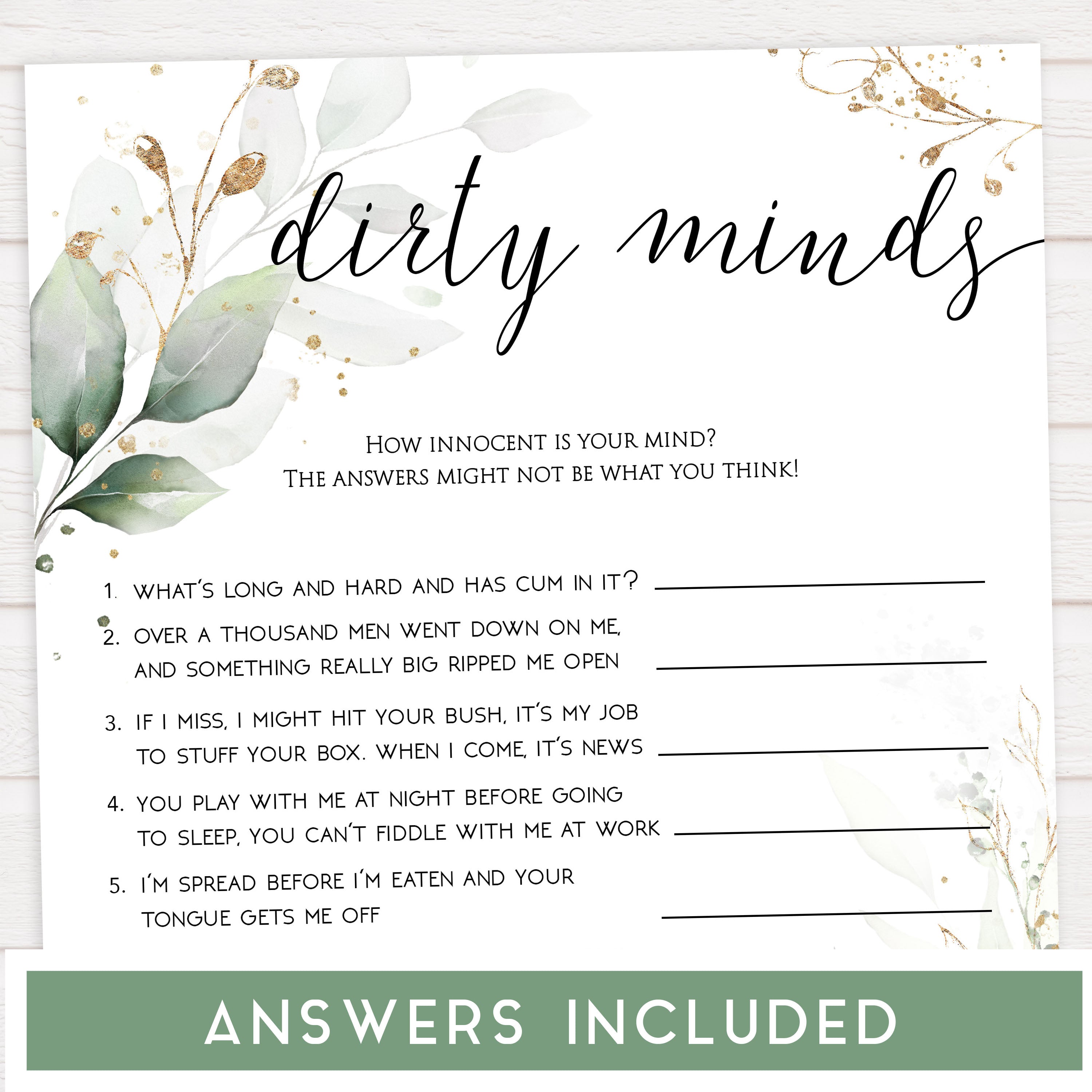 dirty minds bridal game, Printable bachelorette games, greenery bachelorette, gold leaf hen party games, fun hen party games, bachelorette game ideas, greenery adult party games, naughty hen games, naughty bachelorette games