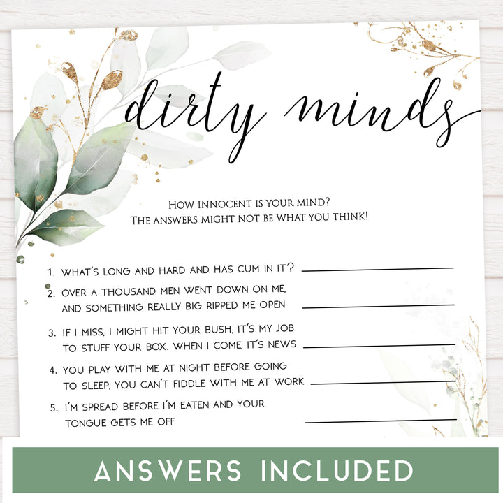 dirty minds bridal game, Printable bachelorette games, greenery bachelorette, gold leaf hen party games, fun hen party games, bachelorette game ideas, greenery adult party games, naughty hen games, naughty bachelorette games