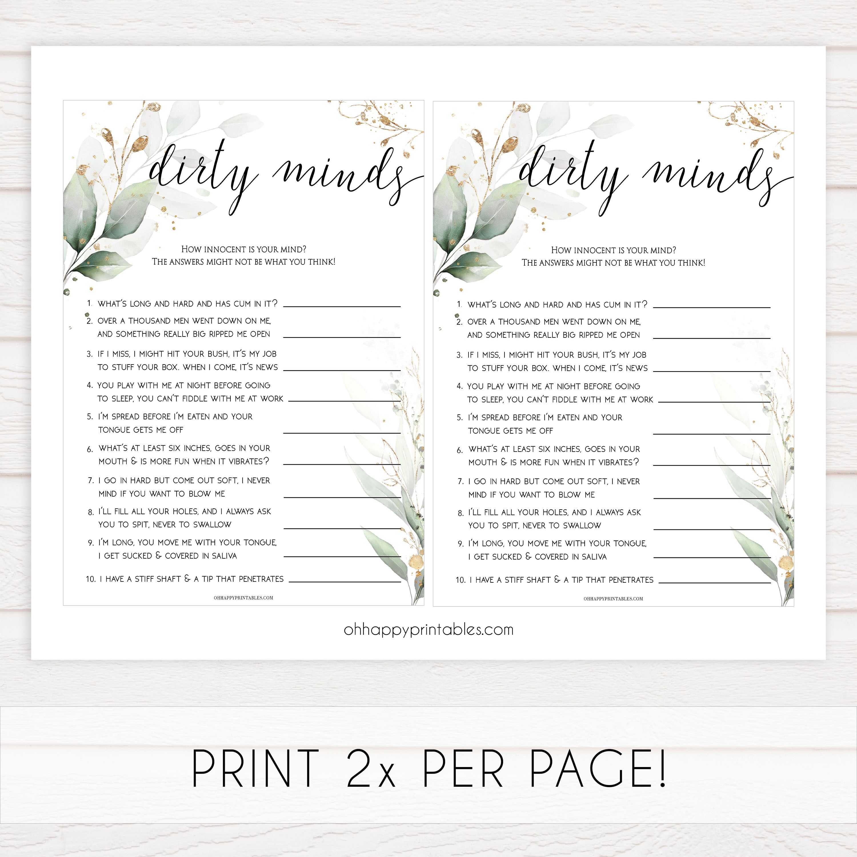 dirty minds bridal game, Printable bachelorette games, greenery bachelorette, gold leaf hen party games, fun hen party games, bachelorette game ideas, greenery adult party games, naughty hen games, naughty bachelorette games