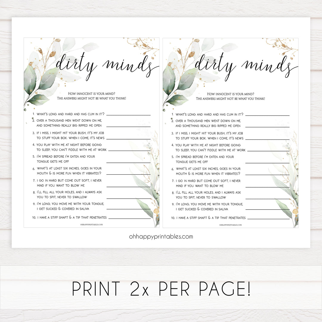 dirty minds bridal game, Printable bachelorette games, greenery bachelorette, gold leaf hen party games, fun hen party games, bachelorette game ideas, greenery adult party games, naughty hen games, naughty bachelorette games