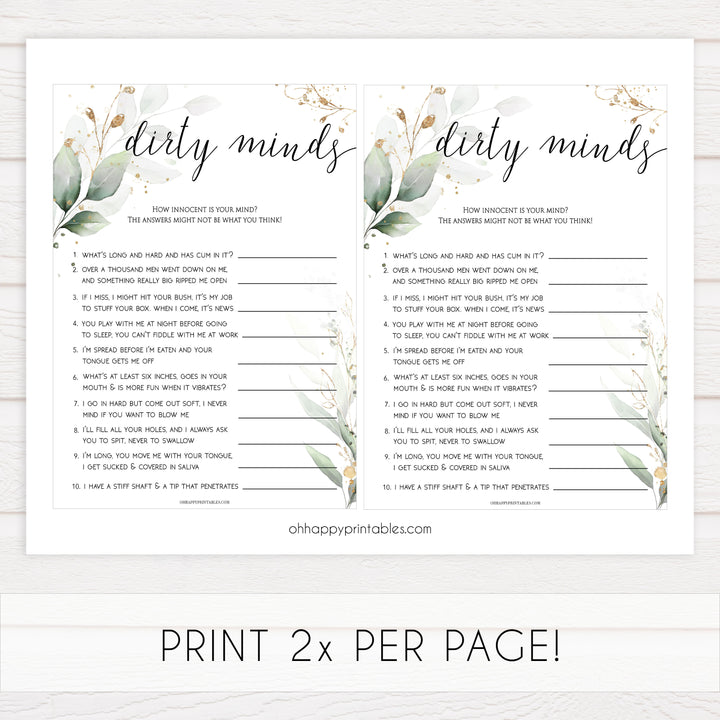dirty minds bridal game, Printable bachelorette games, greenery bachelorette, gold leaf hen party games, fun hen party games, bachelorette game ideas, greenery adult party games, naughty hen games, naughty bachelorette games