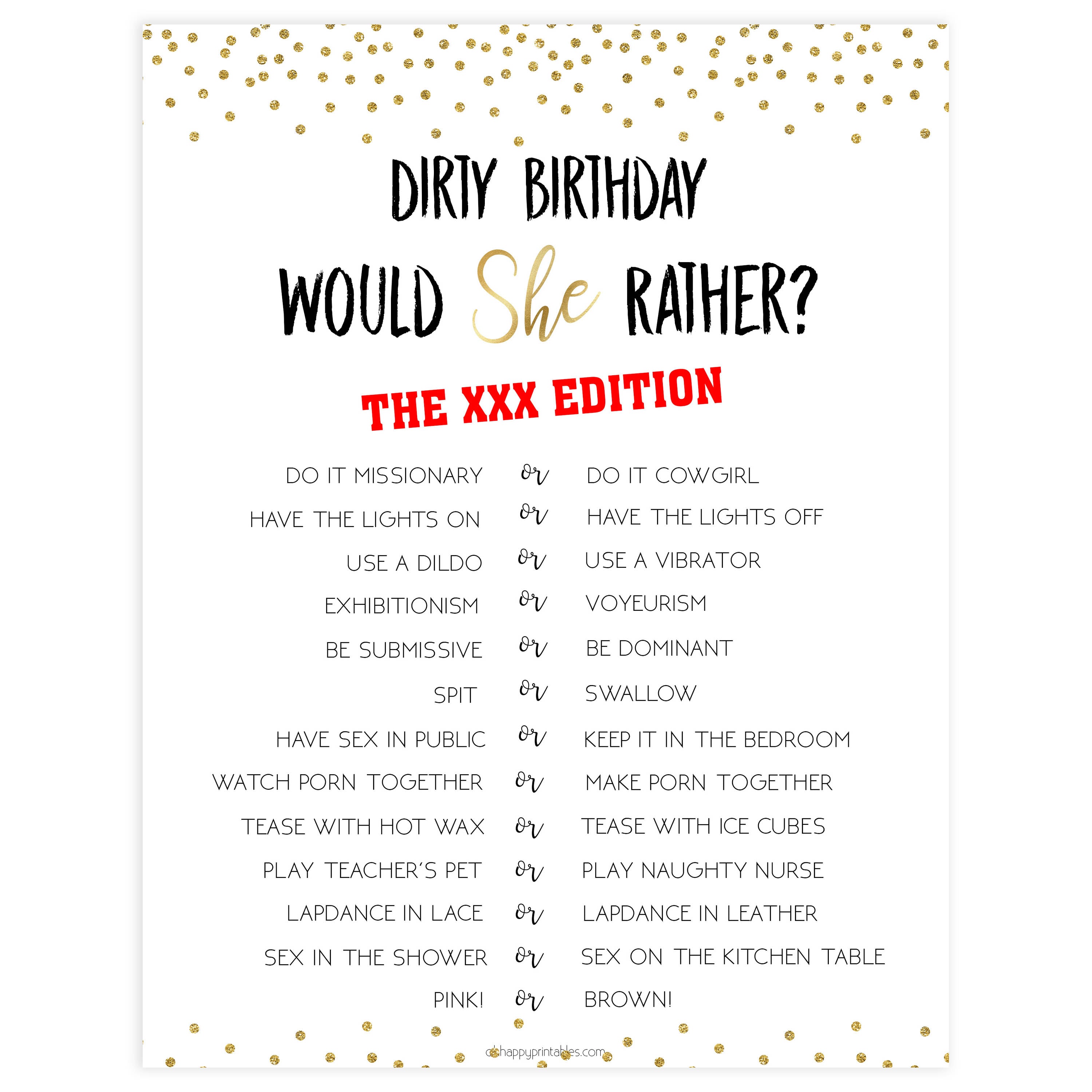 dirty would she rather, birthday would she rather game, printable birthday games, gold birthday games, fun 30th birthday games