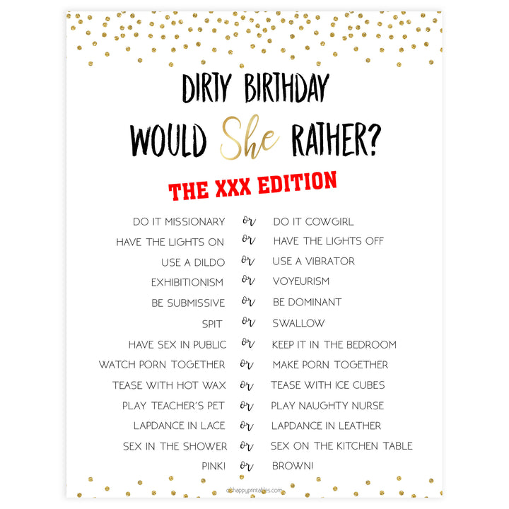 dirty would she rather, birthday would she rather game, printable birthday games, gold birthday games, fun 30th birthday games