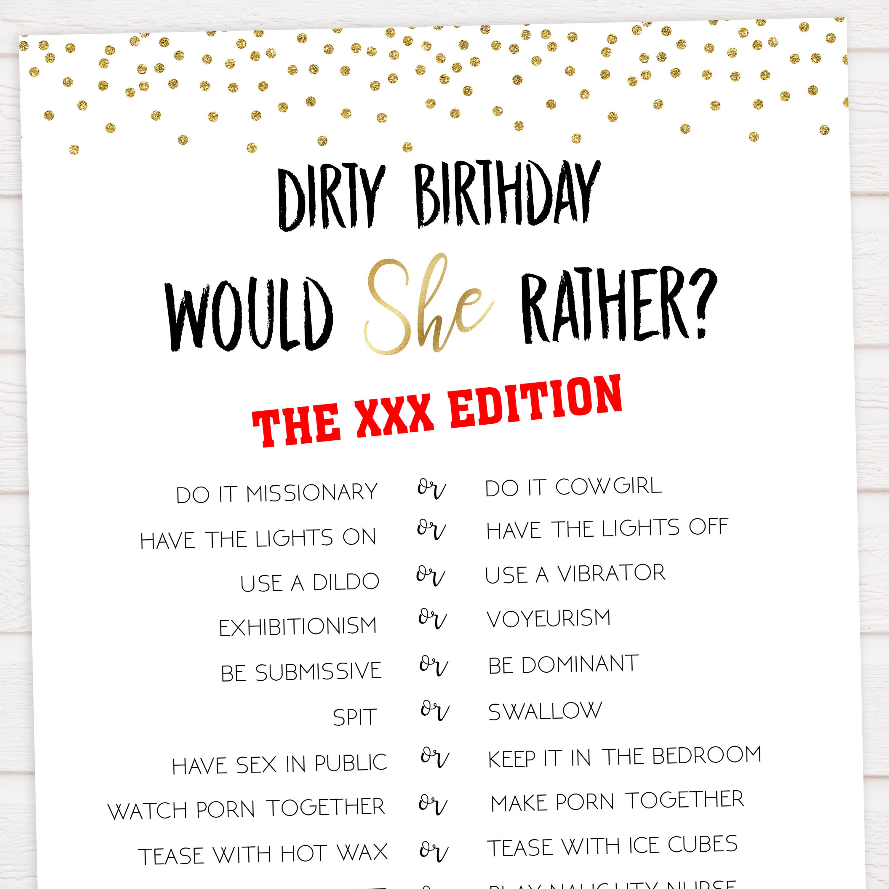 Dirty Would She Rather Printable Birthday Drink If Game