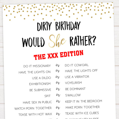 dirty would she rather, birthday would she rather game, printable birthday games, gold birthday games, fun 30th birthday games